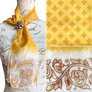 Vintage Yellow Patterned Silk Scarf Organic Scroll